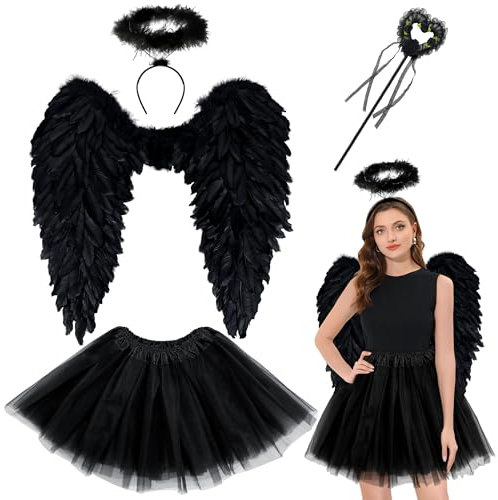 Yezmo Alas de ángel, Disfraz de ángel para Mujeres y niñas, Accesorios de ángel con Falda tutú de Tul en Capas, Diadema de halo, Varita de ángel para Fiesta y Cosplay