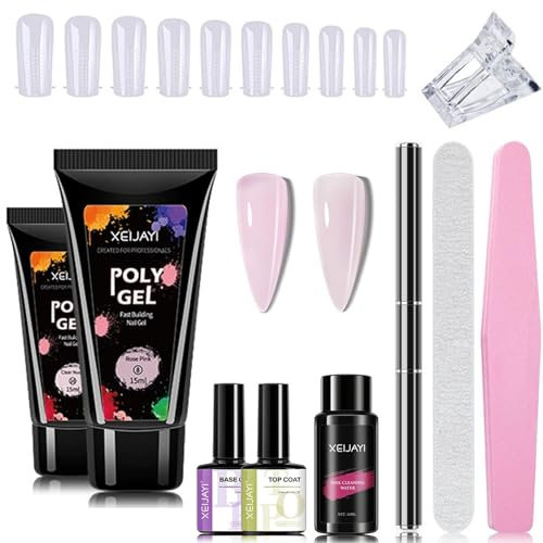 Poly Nail Gel Kit - 10pcs Clear Pink Poly Nail gel Set - 15ml 2 Colors Strengthener Extension Gel With nail Tools - UV Pink poly Builder nailgel Set For Women Girls Beginners DIY