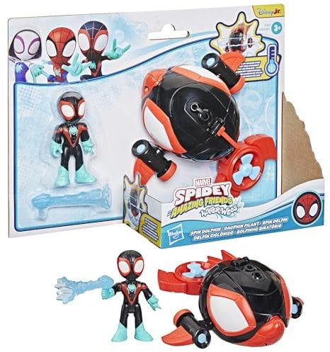 Marvel Spidey und Seine Super-Freunde – Water-Webs Spielzeug mit 7,6 cm Miles „Spin“ Morales Figur & Delfin-U-Boot – Farbwechsel-Augen – Netz-Accessoire – Disney Jr.