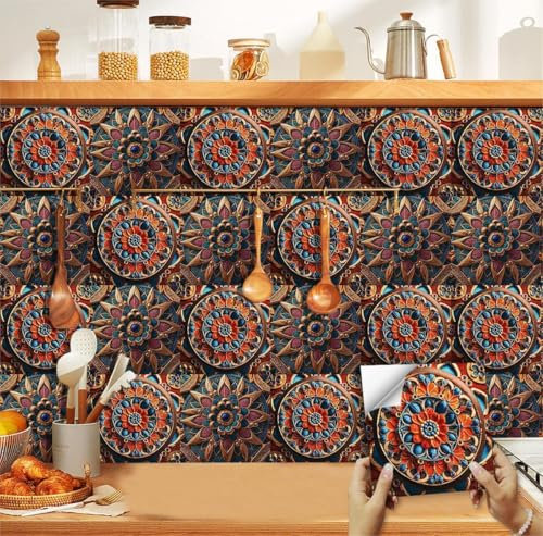Tile Stickers Red Mandala Stick On Tiles PVC Floor Tiles Self Adhesive Waterproof Bathroom Tile Stickers,DIY Peel and Stick Wall Tiles,Self Adhesive Floor Tile for Kitchen 10 PC(20x20cm)