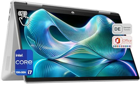 HP Pavilion x360 2 in 1 Laptop, Intel Core i7-1355U, 16 GB DDR4 RAM, 1 TB PCIe SSD, display touch FHD da 14, grafica Intel Iris Xe, tastiera QWERTZ, Windows 11 Home, Office 2021, argento naturale