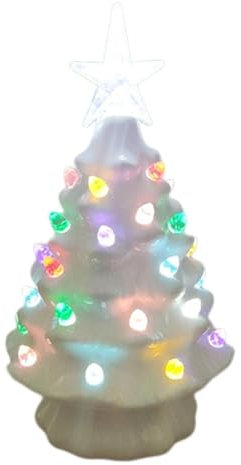Albero di Natale in ceramica, dipinto a mano, decorazione da tavolo preilluminata con topper e lampadine multicolori, albero di pino vintage alimentato a batteria per la migliore decorazione da