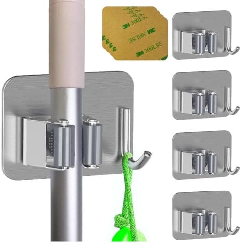 Ataraxia Home - Set di 4 Portascope da Muro - Portascope Salvaspazio, Porta Scope Parete Esterno e Interno, Appendi scope a muro adesivo - Ganci Porta Scope da muro Attacca Scope (Grigio)