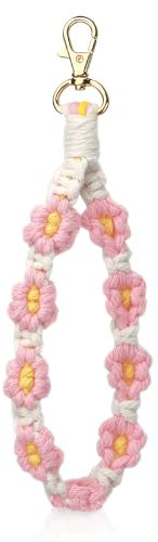 KEAHND Gänseblümchen Makramee Schlüsselanhänger,Boho Aesthetic Armband Key Chain,Gehäkelter Gänseblümchen-Schlüsselanhänger,Rosa,20cm