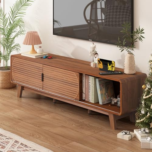 Janmer Home Mobile TV moderno Mid Century per TV da 55/60/65 pollici, tavolo consolle TV da 62 pollici con ante scorrevoli scanalate, centro intrattenimento e console multimediale con contenitore per