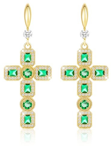 Linawe Kreuz Ohrhänger Ohrringe Grün, Kreuz Ohrringe Gold Hängend, Moissanite Geburtsstein Kristall Strasssteine Ohringe, Modeschmuck Ohrringe Frauen Vergoldet Kreuz Anhänger