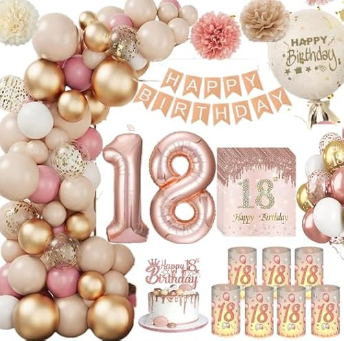 Deko 18 Geburtstag Mädchen,KQMGJYB 18. Deko Beige Vintage Rosa Weiß Luftballon Girlande mit WindlichtTischdeko,Servietten,Pompons für Boho Geburtstag Dekoration Mädchen Frauen