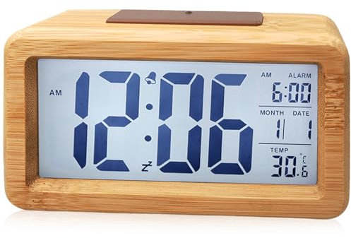 Wecker aus Holz Digital, mit Großem LCD-Display, Klein Tischuhr mit Datum, Teperatur Anzeige, Uhr mit Snooze Moduls für Schlafzimmer Büro (Massivholz zweifarbig)