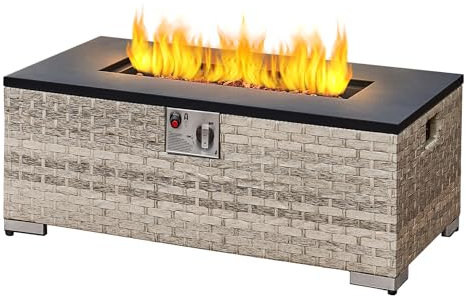 Outdoor Rattan Gas Fire Pit Table, 12KW Rectangle Propane Fire Pit with Lid & Lave Stone for Garden, Patio, Deck