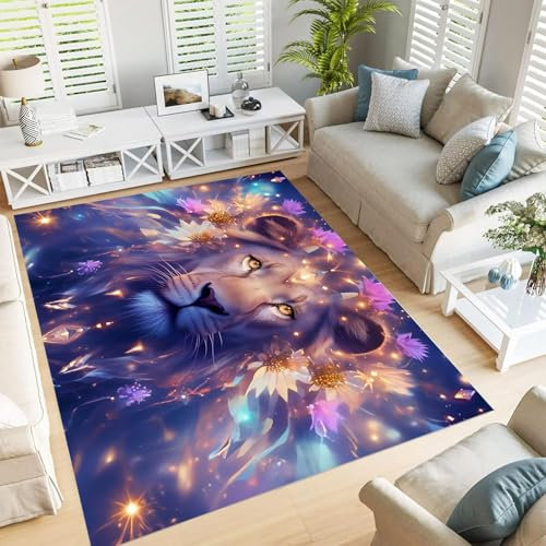 JEDTAKCT Fantasy Löwe Teppich Waschbare 120X180Cm Galaxie Tiere Deko – Großer Teppich Kurzflor, Weich rutschfest, Wohnzimmer Teppiche, Bettvorleger Für Schlafzimmer Marineblau