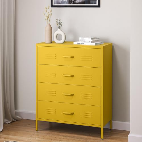 skølm Metallschrank Atria, Kommode mit 4 Schubladen, Sideboard Wohnzimmer Senfgelb, Mehrzweckschrank, Schubladenschrank schmal Maße 100x80x40 (HxBxT)