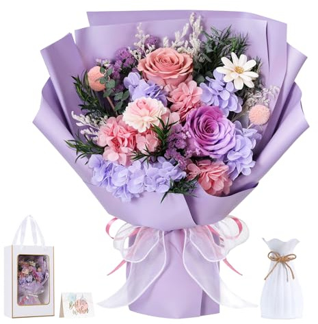 Lewondr Konservierter Blumenstrauß mit Vase – 2 echte Rosen & Blumen, langlebiger Forever-Rosenstrauß, ewiges Geschenk für Mutter, Ehefrau, Valentinstag Jubiläum oder Geburtstag, Violett