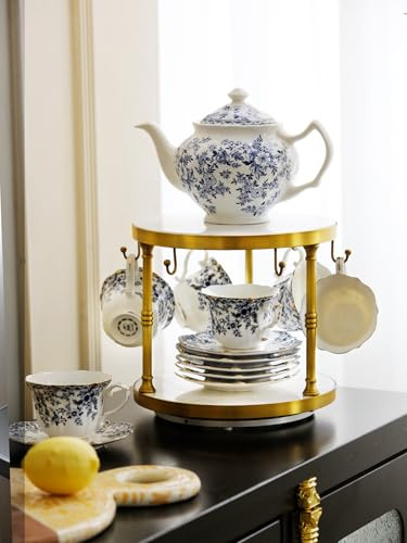 TerkCo Brass Coffee Mug Holder for Countertop, 360° Rotating Stand, 2-Tier Marble Base Cup Organizer with 6 Hooks, Vintage Tea Cup & Saucer Rack for Kitchen Counter