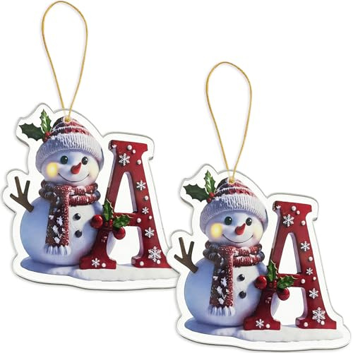 FAMINESS 2PCS 2D Acrylic Letter A Snowman Christmas Ornaments - 26 Alphabet Tree Decorations Hanging Ornaments for Party Gifts