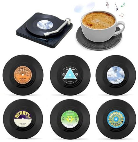 yufana 6 StüCk Retro Cd Vinyl Schallplatten-Untersetzer, Untersetzer, FüR Tee, Kaffee, GeträNke, Tisch-Schutz, Vinyl-Schallplatten-Untersetzer, GeträNk Untersetzer 6er Set Mit Geschenk Box. (Schwarz2)