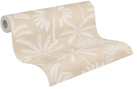 A.S. Création Palmenblatt-Vliestapete – Beige, Creme, Weiß – 10,05 x 0,53 m | Florales Palmenblatt-Motivals Akzent – schimmernde Motivtapete im Metallic-Look, einfach zu verkleben & spurlos abziehbar