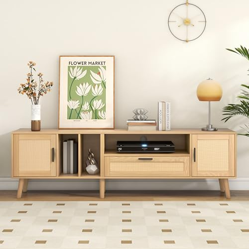 BTM Geräumiger 180-cm-TV-Schrank mit Rattan-Dekoration, 2 Türen und Einer Schublade, Beine aus Massivholz, Platz für 80-Zoll-Fernseher, TV-Aufbewahrungsschrank
