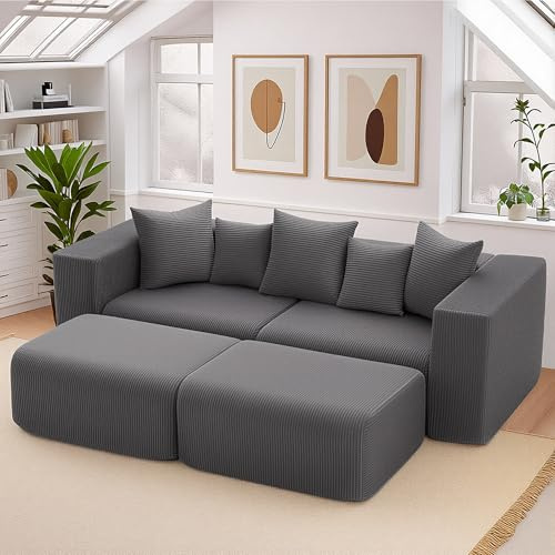 MELLCOM Modular Sofa Bed 4-Piece Sectional with Ottoman, Grey | 70cm Deep Seat, L-Shaped Corner Sofa, Convertible Lounger, Bonless Couch, Removable Cushion Covers, Corduroy Fabric