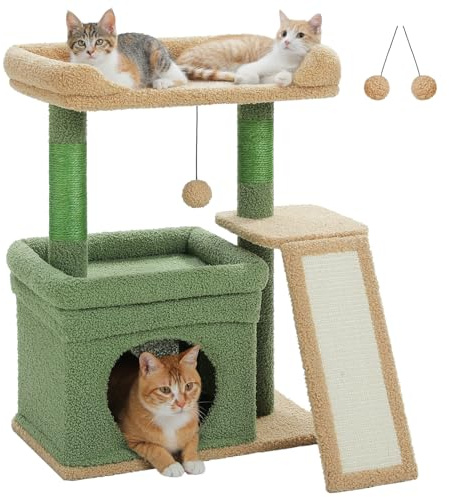 PETEPELA Kratzbaum klein für große Katzen Katzenbaum mit Kratzstamm | Mit breiter Liegefläche, Katzenhöhle und Kratzpad für Wohnungskatzen, stabil und platzsparend, Grün