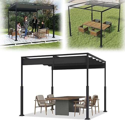 VA-Cerulean Metall Pergola mit Schiebedach, 3x3 m Pavillon Stabil Terrassenüberdachung Sonnenschutz überdachung Freistehend Gartenpavillon mit Robusten Metallsäulen für Gärten Schwarz