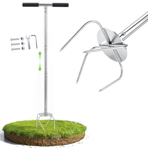 wowspeed Gartenkralle mit Stiel, Bodenfräse mit 4 Zinken, Vertikutierer und Unkrautentferner 2-in-1, Höhenverstellbar Twist Grabegabel, Bodenlockerer für Boden Lockern, Belüften, Unkraut Entfernen