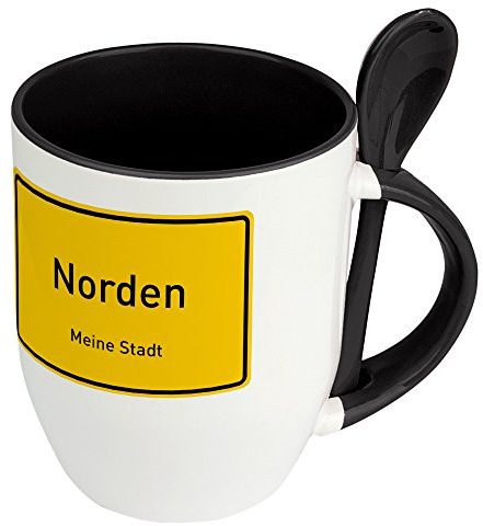 Städtetasse Norden - Löffel-Tasse mit Motiv Ortsschild - Becher, Kaffeetasse, Kaffeebecher, Mug - Schwarz