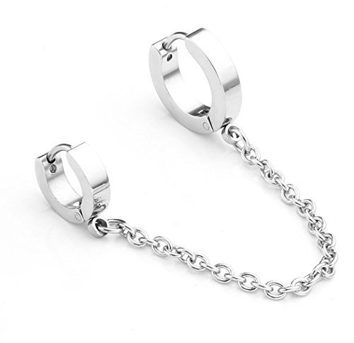 PiercingJ 1x Edelstahl Ohrstecker Ohrklemme Creolen Huggie Ohrring Cuff Clip Helix Tragus Knorpel Ohr Piercing mit Kette Punk Rock Schmuck Unisex, Silber
