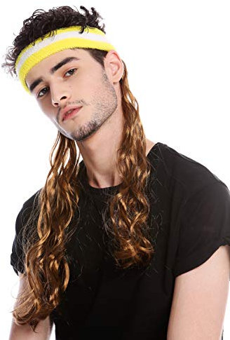 WIG ME UP - CXH-014-P8 Halbe Perücke Stirnband und lange Haare Vokuhila Proll 80er Tennisspieler Braun