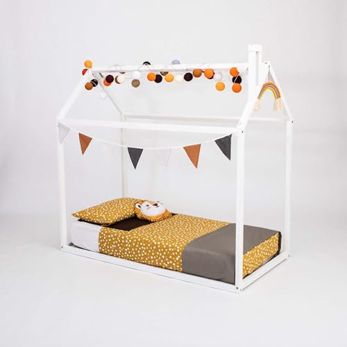 Kleinkindbett, Hausbett, Kinderbett, Holzhaus, Zeltbett, Holzhaus, Holzhaus, Holzkinderzimmer, Tipi-Bett, Holzbettgestell, Holzhaus-Bett, Kindergeschenk, Montessori-Möbel (weiß, 140 x 70 cm)