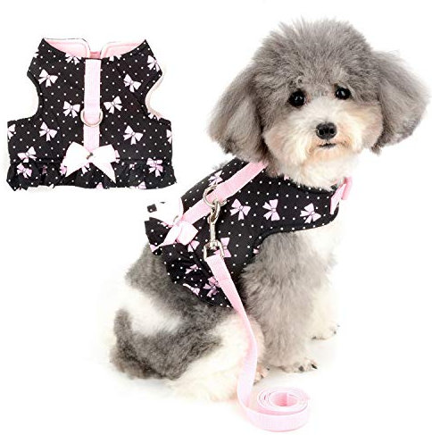 Zunea Small Dog Girl Harness and Lead Set No Pull Chihuahua Dress Escape Proof Cat Kitten Vest Harness Step-In Soft Cotton Padded Polka Dot Puppy Jacket Clothes with Cute Bow for Walking Black XS