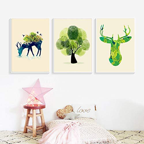 XIANGPEIFBH Image Printed On Canvas Poster Decoration Wall Art Canvas Prints Home Decor Modern Abstract Elk Fingerprint Tree Artwork 60x80cmx3pcs Unframed