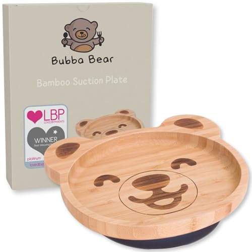 Bubba Bear Ensemble d'assiettes à ventouse pour bébé, fabriquées en bambou naturel, restent en place pour le sevrage des bébés et l'alimentation des tout-petits (ours (1 à 6 ans))