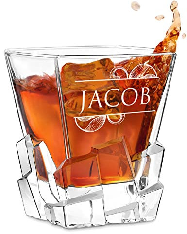 Maverton Personalised Whiskey Glass for Man - 250 ml Tumbler with Laser Engraving - Elegant barware - for Whisky Connoisseur - for Birthday - Designed Base Resembling ice Cubes - Name