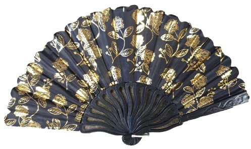 Fat-catz-copy-catz Black & Gold Flowers Stylish Portable Hand Fan for Summer Decor Weddings Dancing Prom Geisha Burlesque