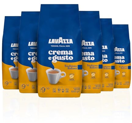 Lavazza, Crema e Gusto Tradizione Italiana, Ganze Kaffeebohnen, 6 x 1 kg, Arabica und Robusta, Intensität 9/10, Dunkle Röstung, ideal für Latte und Cappuccino