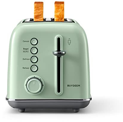 BUYDEEM Grille-pain rétro à 2 tranches, fentes extra larges, en acier inoxydable avec levier de levage, fonction bagel et muffin, plateau à crumb amovible, 7 réglages d'ombre à toast – Vert