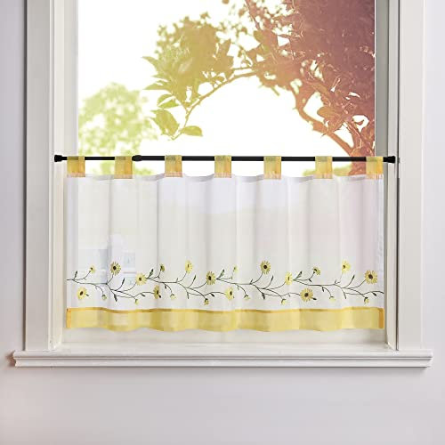 SCHOAL Scheibengardine Voile Bistrogardinen mit Schlaufen Küche Gardinen Transparent Stores Vorhänge Kurzgardine Bestickt Blumenmotiv HxB 60x120cm Gelb 1 Stück