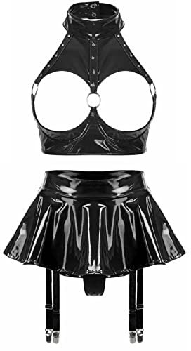 Agoky Damen Wetlook Dessous Set Sexy Brustfrei BH Neckholder Cut-Out Bra und Strumpfgürtel mit Minirock Faltenrock in Lack Leder Optik E Schwarz L
