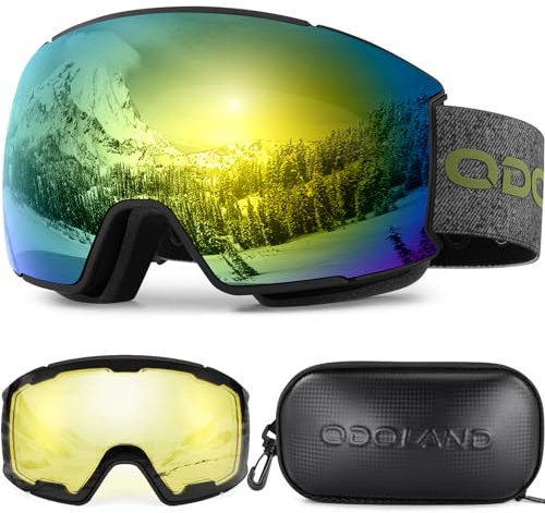 Odoland Skibrille Snowboardbrille für Damen und Herren mit 2 Magnetische Wechselglas und Hülle Anti-Fog UV-Schutz Helmkompatible für Jungen und Mädchen zum Snowboard Skifahren Gold