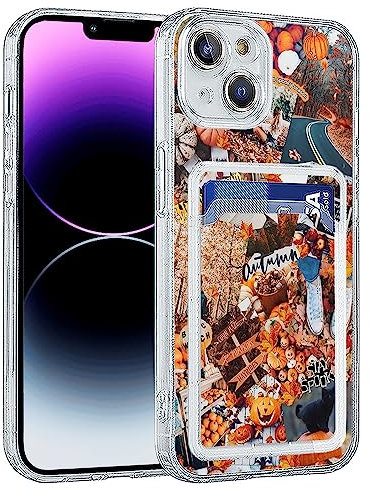 Tazchcoq Aesthetic Case with Card Holder for iPhone 13 Mini,Fall Pumpkin Halloween Collage Pattern Trendy Design TPU Bumper Case for Women Girl Support Wireless Charging Case for iPhone 13 Mini