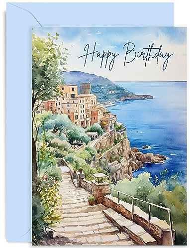 Old English Co. Künstlerische Geburtstagskarte für Männer und Frauen – Aquarell Italienische Almalfiküste Geburtstagskarte für Sie und Ihn – Traditionelle Geburtstagskarte | Innenseite blanko mit