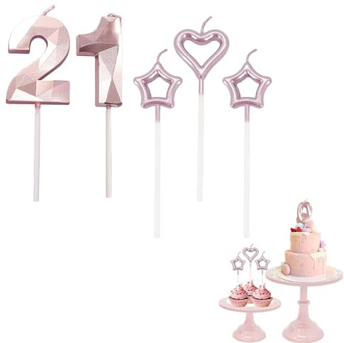 21st Birthday Candles Rose Gold Number 21 Candles for Birthday Cake with Heart-Shaped Candles, Rose Gold 21 Candles for Cake Birthday Cake Topper Decorations for Girls Birthday Party