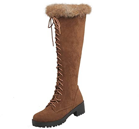 NUSGEAR 2023 Botas altas Mujer, Moda Botas hasta la Rodilla Holgadas Otoño Invierno Elegante cordón forro de felpa Botas de tacón bajo Botas de Jinete vintage Fiesta Antideslizante Cómoda Zapatos