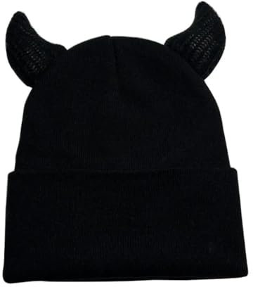ZITEZHGO Kawaii Strickmütze mit Teufelshorn für Damen, Herren, Mädchen, Y2K, lustiger Halloween-Partyhut, Häkelmütze, Einheitsgröße, Einheitsgr��e