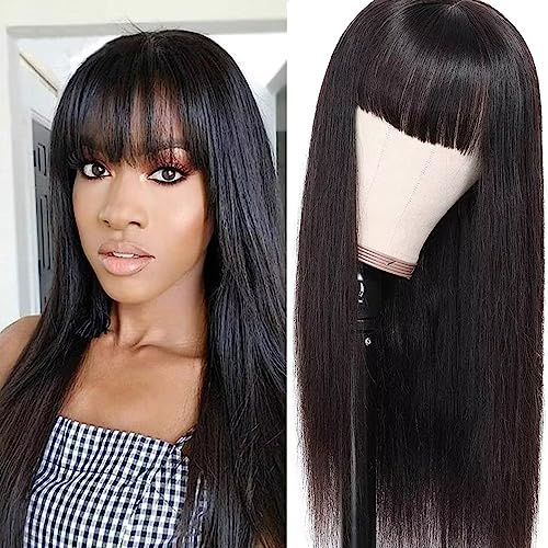 Straight Wig with Bangs Echthaar perücke Human Hair Wigs with Bangs Brasilianisches Perücken Echthaar Damen Glueless Brazilian None Lace Front Wig 24 inch
