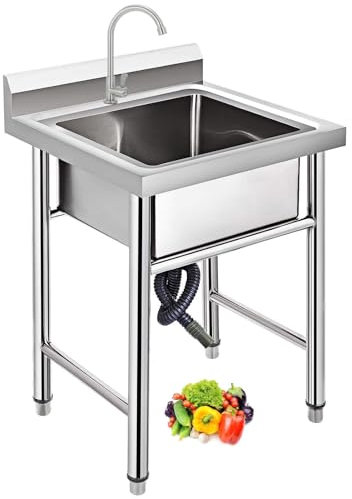 Fregadero de Cocina Comercial Fregadero de Acero Inoxidable con Grifo Fácil de Limpiar Fregadero Exterior Para Bar Camping Jardin Lavandería Garaje 50cm