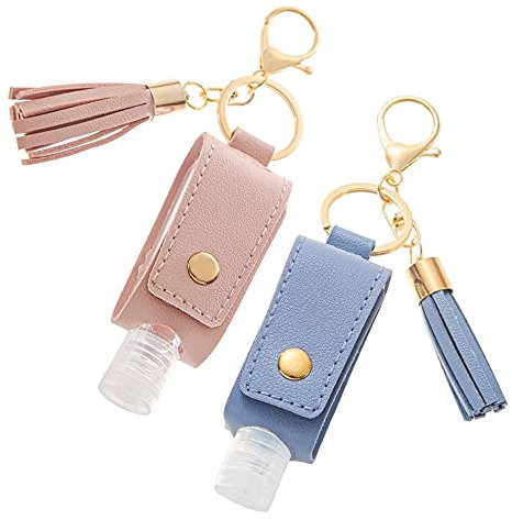 WOAILIANGEJINJIN 2 Pcs Portable Squeeze Bottles Refillable Bottle Leather Keychain Holders Hand Sanitizer Containers with Hook for Travel, Outdoor Activities, School