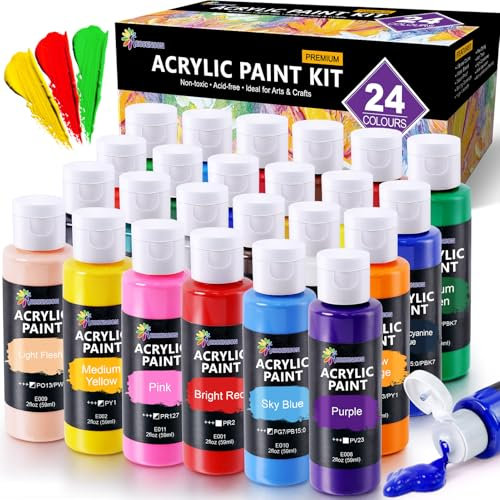 Peinture Acrylique 24 Couleurs x 59 ml, Peintures pour Artiste, Riche Pigmentée, pour Papier, Roche, Bois, céramique, Tissu, pour Artistes, Débutants et Enfants