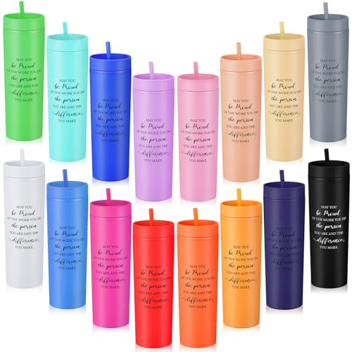 Bokon 16 vasos delgados de 16 onzas con tapa y pajita, vasos inspiradores de plástico para personal, profesor, enfermera, compañero de trabajo, Navidad, cumpleaños, (color fresco)