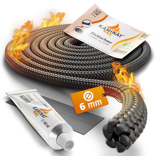 KAMINAT Ofen Dichtschnur - 2,5m Dichtschnur für Kaminofen - Feuerfestes Kamin Dichtband & Ofenrohr Dichtung - Hochwertige Kamin Dichtungsschnur inkl. Kleber - Dichtschnur Kaminofen Ø 14mm Breite